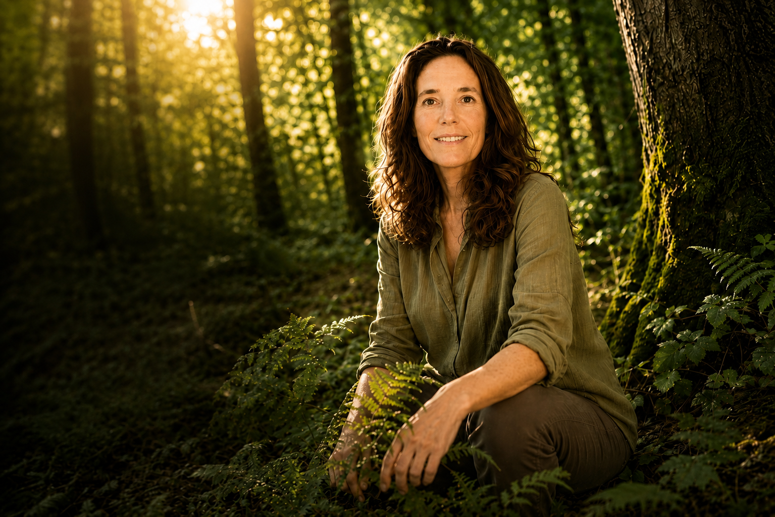 Vanessa Bertinotti seduta nel sottobosco, luce dorata tra gli alberi
